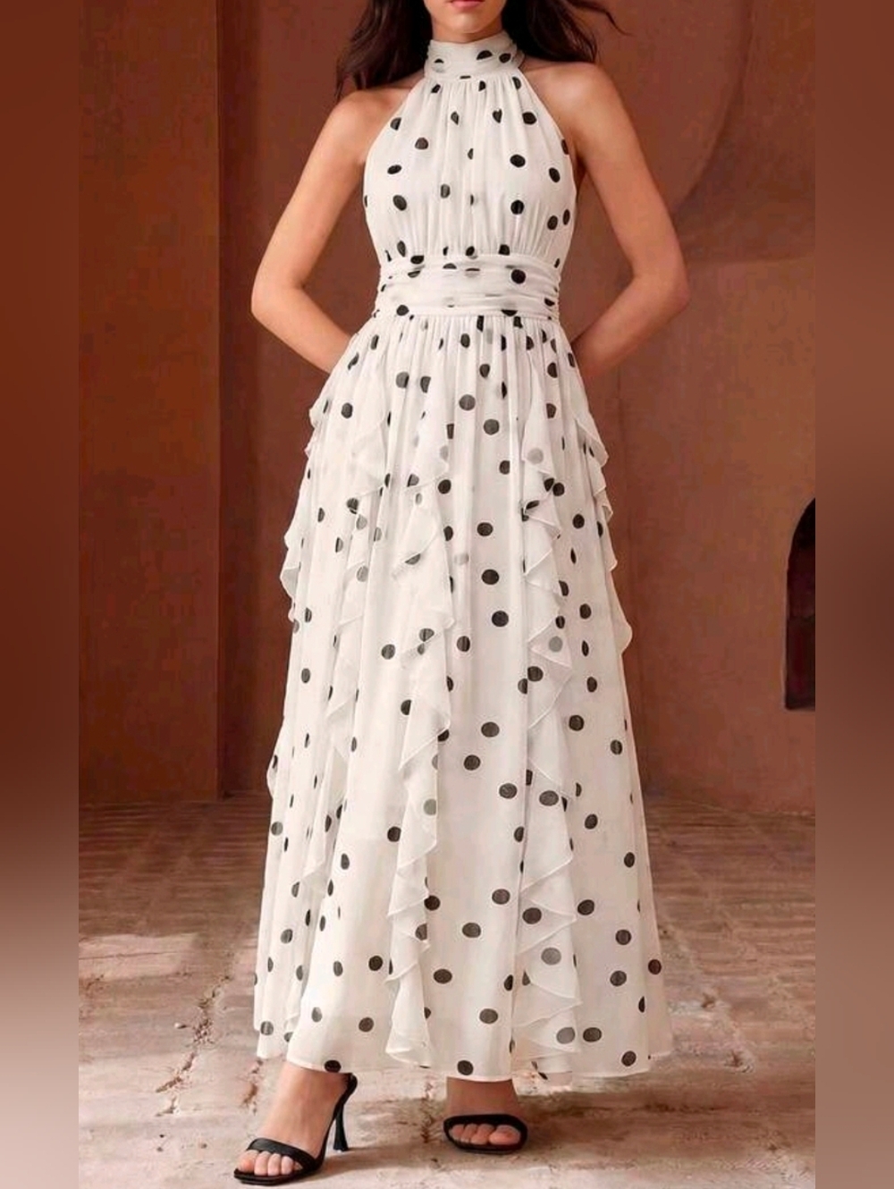 New Flowy Chiffon Polka Dot Ruffle Halter Maxi Dress White Black